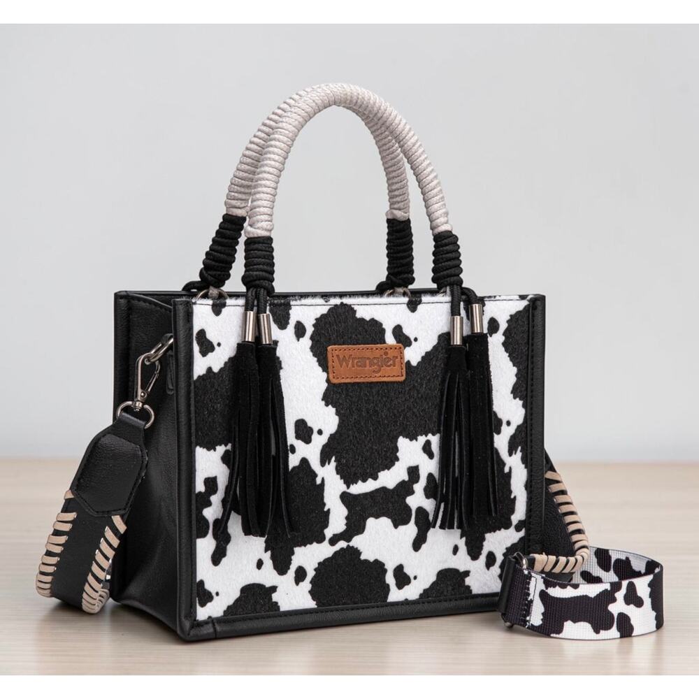 Wrangler Black Cow Print Small Tote/Crossbody Bag w/ Braided Handles